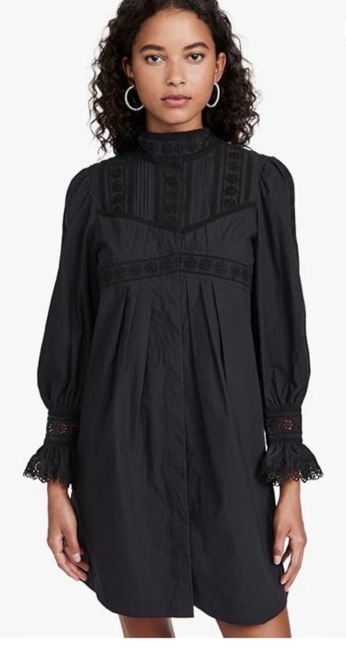 Rebecca Taylor Appliqué Lace Mock Neck Poplin Cotton Long Sleeve Dress Black 4